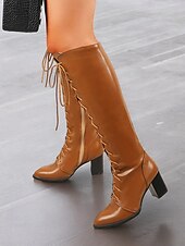 baratos Botas da moda-botas femininas elegantes de couro sintético marrom com cadarço e salto bloco | perfeitas para o outono e inverno