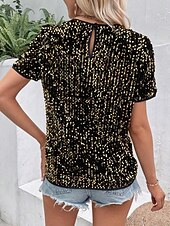 billige Dressy topper-Dame Paljetter Glitrende Party Glimmer عادي Mote Moderne Fritid Kortermet Crew-hals Vanlige topper Daglig Helg Paljetter Svart Rosa Gull Sommer Vår