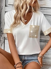 preiswerte Damen Einfache Oberteile-Damen Bluse Feste Farbe Basic Brautkleider schlicht Kurzarm V Ausschnitt Normale Oberteile Täglich Pailletten Patchwork Tasche Schwarz Weiß Sommer Frühling
