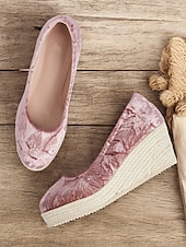 cheap Platform Heels-Women&#039;s Pink Velvet Espadrille Wedge Shoes, Casual Slip-On Platform Flats for Summer and Daily Wear