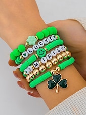 billige Damearmbånd-st. patrick&#039;s day lucky charm armbånd – irsk grønn beaded stretch armbåndsett for kvinner, festlig ferietilbehør med shamrock og bokstavdetaljer
