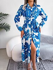 preiswerte Kleider für die Ferien-Damen Maxidress blusenkleid Casual kleid A Linie Kleid Stilvoll Brautkleider schlicht Urlaub Täglich Regular Fit Blumen Langarm Hemdkragen Blau Orange Frühling Herbst