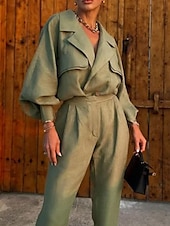 preiswerte Blusenanzüge für Damen-Damen Modisch Strassenmode Täglich Hemd Hose mit weitem Bein Langarm Hemdkragen Glatt Formal B¨¹ro Grün Herbst Regular Fit