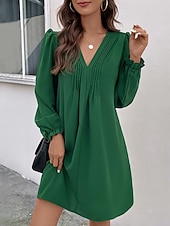 cheap Work Dresses-Women&#039;s Casual Dress Mini Dress Ruched Casual V Neck Long Sleeve Green Color