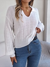 cheap Solid Colors-Women&#039;s Sweater Casual Soft Pure Color Ribbed V Neck Knitted Long Sleeve Regular Tops Knit Outdoor Daily Weekend White Orange Spring Fall