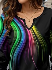 abordables T-shirt Art &amp; Design-Femme T shirt A Ombre Décontractées manche longue Col cranté Hauts réguliers Vacances du quotidien Imprimer Noir Printemps &amp; Automne