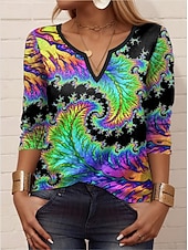 abordables Camiseta de Arte &amp; Diseño-Mujer Camiseta Graphic Casual Manga Larga Cuello con muescas. Tops regulares Diario Estampado Azul Piscina Primavera Otoño