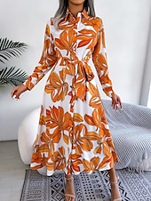preiswerte Kleider für die Ferien-Damen Maxidress blusenkleid Casual kleid A Linie Kleid Stilvoll Brautkleider schlicht Urlaub Täglich Regular Fit Blumen Langarm Hemdkragen Blau Orange Frühling Herbst