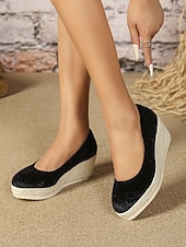 cheap Platform Heels-Women&#039;s Pink Velvet Espadrille Wedge Shoes, Casual Slip-On Platform Flats for Summer and Daily Wear