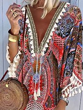 ieftine Rochii Boho-Pentru femei Rochie Mini Rochie casual Rochie Boho Stilat Casual Vacanță Zilnic Fit regulat Floral Lungime Manșon 3/4 În V Roșu-aprins Vară Primăvară