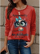 cheap Humor&amp;Quotes tee-Women&#039;s T Shirt Animal Letter Fashion Modern Casual Long Sleeve Crew Neck Regular Tops Daily Weekend Print Black White Yellow Red Sky Blue Fall Winter