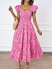 رخيصةأون فساتين الحفلات-فستان نسائي متوسط الطول برقبة مربعة وأكمام قصيرة للصيف والربيع