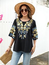 preiswerte Boho Tops-Damen Hemd Feste Farbe Blumen Brautkleider schlicht Boho 3/4 Ärmel Ellbogenlange Ärmel Rundhalsausschnitt Normale Oberteile Urlaub Party Täglich Bestickt Schwarz Herbst Frühling Sommer