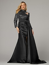 preiswerte GRÜN-Meerjungfrau Abendkleid Elegantes Kleid Formelle Sweep  Brush Train Lange Ärmel Hoher Hals Satin mit Perlen Pailletten