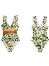 abordables Maillots une pièce-Femme Maillots de Bain Une pièce Maillot de bain Dos Nu Patchwork Tropique Le style mignon Floral Graphic Col V Sans Manches Maillots de bain