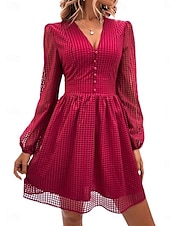 abordables Robes de travail-mini robe à carreaux à col en V pour femme à manches longues été printemps