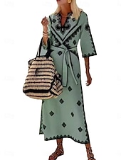 preiswerte Elegante Blumenkleider-Damen Maxidress Boho Chic Kleider A Linie Kleid Elegant Böhmen Kuschelig Urlaub Täglich Strand Regular Fit Graphic Halbe Ärmel V Ausschnitt Grün Beige Grau Herbst Winter