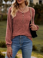 billige Kvinne Enkle Topper-Dame T skjorte عادي Mote Moderne Fritid Langermet Crew-hals Vanlige topper Daglig Helg Knapper Rosa Blå Kakifarget Sommer Vår