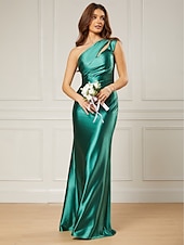 preiswerte BLAU-Meerjungfrau/Trompete Abendkleid elegantes Kleid formal bodenlang ärmellos eine Schulter Satin mit gerüschten 2025