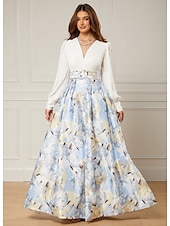 abordables FLORALES-Robe de Soirée A-Line Élégante Robe de Mariage Invité Longueur De Sol Manches Longues Col V Ceinture  Sash Satin avec Fente Robe Invité Mariage 2025