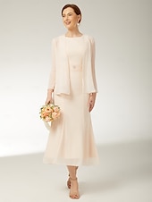 preiswerte Teelänge-zweiteiliges Etui-/Säulenkleid für die Mutter der Braut, elegantes Übergrößen-Ringhalskleid in Wadenlänge, ärmelloses Chiffon-Wickelkleid mit Schärpe/Band, Falten, Perlenbesatz, 2025