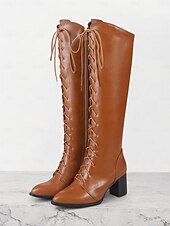 baratos Botas da moda-botas femininas elegantes de couro sintético marrom com cadarço e salto bloco | perfeitas para o outono e inverno