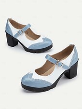 olcso Block Heels-női kék-fehér mary jane vaskos sarkú cipő brogue részletekkel, vintage stílusú kényelmes pumpák irodába, bulikba és mindennapi viseletre