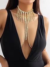 お買い得  レディースネックレス-女性用ゴールドラインストーンチョーカーネックレスとボディチェーンジュエリー、パーティー、結婚式、夜のイベントに最適な高級ステートメントボディアクセサリー