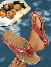 cheap Casual Sandals-Women&#039;s Red Perforated Flip-Flop Sandals with Rhinestone Decoration Comfortable Summer Shoes for Casual Wear and Beach Outings