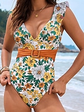 abordables Maillots une pièce-Femme Maillots de Bain Une pièce Maillot de bain Dos Nu Patchwork Tropique Le style mignon Floral Graphic Col V Sans Manches Maillots de bain