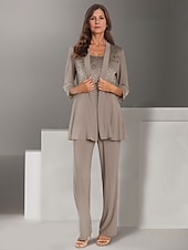cheap Mom&#039;s Pant Suits-Jumpsuit / Pantsuit Beach Wedding 3 Piece Mother of the Bride  Elegant Jewel Neck Floor Length Chiffon Long Sleeve Wrap Included with Lace Solid Color