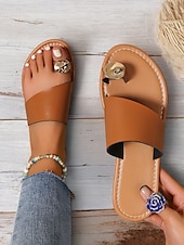cheap Vacation Sandals-Women&#039;s Brown Slip-On Toe Ring Sandals with Gold Accent, Minimalist Flat Slides for Casual Summer and Beach Wear