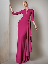 preiswerte SCHWARZ-Schwarze Meerjungfrau Abendrobe Elegantes Kleid Formell Herbst Bodenlänge 3/4-Ärmel V-Ausschnitt Stretch-Crêpe mit Federgerafften Rüschen 2025