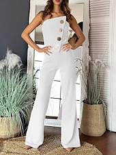 cheap Jumpsuits-Women&#039;s Normal Jumpsuit Elegant Solid Color Sleeveless Wide Leg Strapless Buttons Daily Regular Fit Black White Red Summer