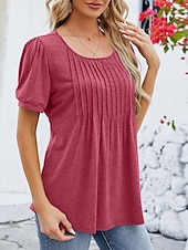 preiswerte Damen Einfache Oberteile-Damen Hemd Bluse Feste Farbe Basic Brautkleider schlicht Kurzarm Rundhalsausschnitt Normale Oberteile Täglich Rüschen Weiß Wein Marineblau Sommer Frühling