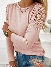 abordables Camiseta lisa-Mujer Camisa Blusa Color sólido Básico Casual Manga Larga Cuello Barco Tops regulares Diario Encaje Retazos Rosa Morado Gris Otoño Invierno
