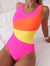 billiga One-piece-baddräkter-Damers baddräkter en del monokini baddräkt utan rygg tummy control hög midja slimmad semester strandkläder färgbock u-hals ärmlös baddräkter