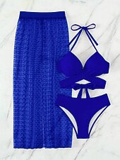 preiswerte 3-teiliges Bikini-Set-Damen Badeanzug Bikinis Drei Stück Rock Bademode Rückenfrei Schlank Urlaub Strandbekleidung Feste Farbe Halfterhals Ärmellos Badeanzüge