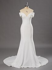economico Abiti da sposa-Abiti da sposa da cerimonia A-Line scollo a V senza maniche lunghezza totale abiti da sposa in raso con strascico e arricciature 2025