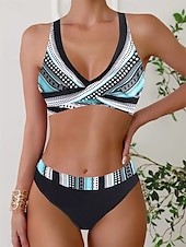 preiswerte Bikini-Sets-Damen Badeanzug Bikinis 2 Stück Cheeky-Bikinihose Bademode Rückenfrei Schlank Urlaub Strandbekleidung Farbblock V Ausschnitt Ärmellos Badeanzüge