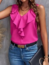 abordables Débardeurs et camisoles femme-Débardeur femme sans manches uni basique décontracté à col en V haut régulier en volants noir vert clair fuchsia été printemps