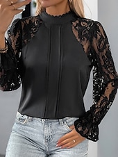 cheap Lace Tops-Women&#039;s Lace Shirt Solid Color Elegant Long Sleeve High Neck Regular Tops Daily Going out Lace Black Spring Fall