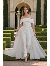 baratos macacão/terno de casamento-Macacão de Casamento de Crepe Bustier Ombro Descido Com Saia Destacável Comprimento do Tornozelo Tecido Stretch Vestido de Noiva Com Cor Sólida 2025