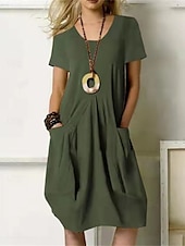cheap Design Cotton &amp; Linen Dresses-Women&#039;s Mini Dress Cotton Linen Dresses Casual Dress Stylish Basic Casual Vacation Daily Regular Fit Plain Short Sleeve V Neck Black Khaki Army Green Summer Spring