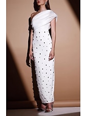 abordables BLANC-Robe de soirée Sheath  Colonne Élégante Robe Invité de mariage Longue crue Sans manches Une épaule mélange de coton avec strass