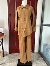 ieftine Seturi-Pentru femei Zilnic Cămașă Seturi inspirate de in Seturi din două piese Pantaloni cu picioare largi Pantaloni Manșon Lung Guler Cămașă Culoare solidă Peteci În aer liber Mov Kaki Bej Primăvară