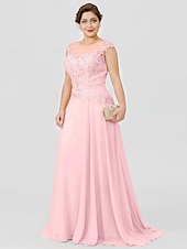 preiswerte Bodenlänge-A-Linie Mutter der Braut Kleid Hochzeitsgast Elegant Plus Size Illusionshals Sweep  Brush Zug Chiffon Perlenbesetzte Spitze Kurze Ärmel ohne Schleife(n) Falten 2025 kostenlose Maßanfertigung