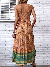 levne Boho šaty-Dámské Maxi šaty Volnočasové šaty Boho Chic šaty Boho šaty Čechy stylové Na běžné nošení Dovolená Denní Plážové Volný Grafika Bez rukávů Do V Oranžová Léto Jaro