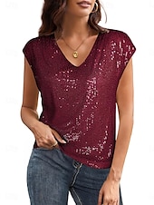 preiswerte Tank-Shirts &amp; kurze Jäckchen für Damen-Damen Spaghetti-Top einfarbig Basic lässig ärmellos V-Ausschnitt reguläre Tops täglichen Pailletten Schwarz Wein Sommer Frühling