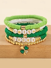 billige Damearmbånd-st. patrick&#039;s day lucky charm armbånd – irsk grønn beaded stretch armbåndsett for kvinner, festlig ferietilbehør med shamrock og bokstavdetaljer